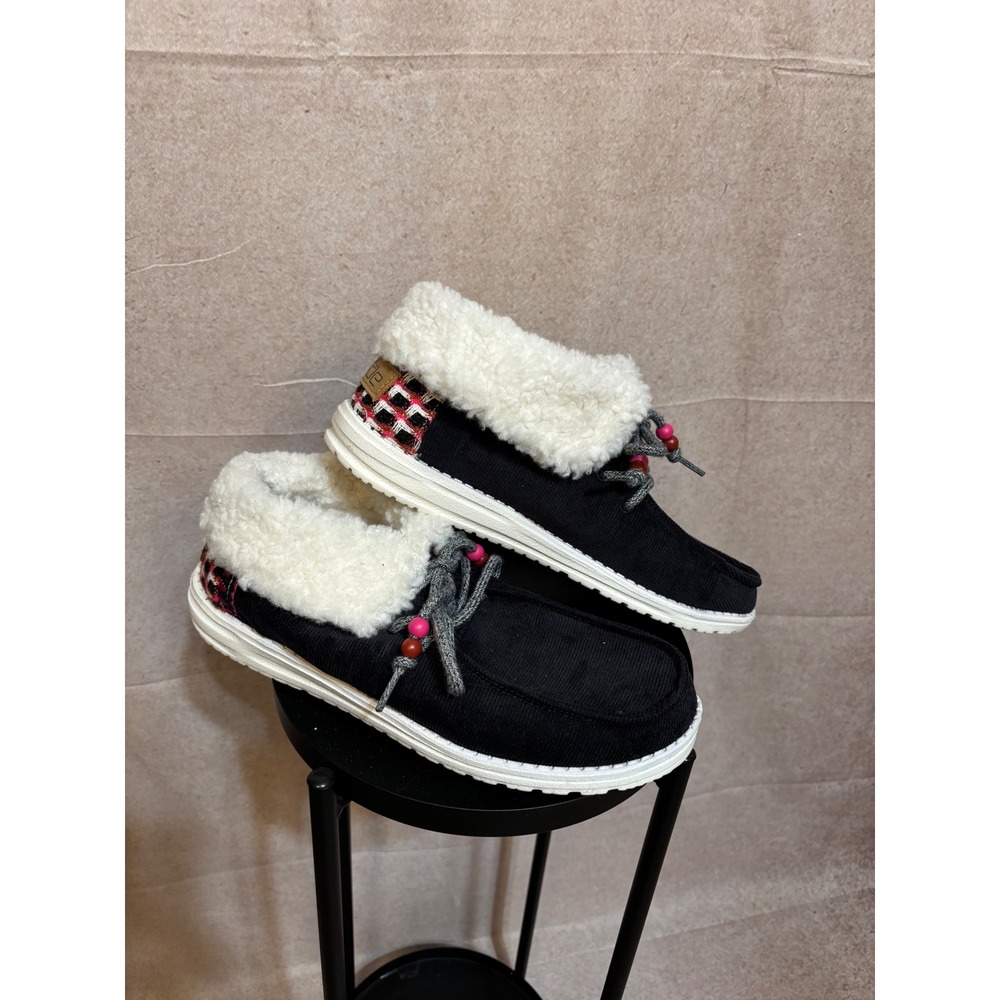 Hey Dude Britt Corduroy‎ Black Faux Fur Lined Ankle Boots Plaid Accents Womens 9